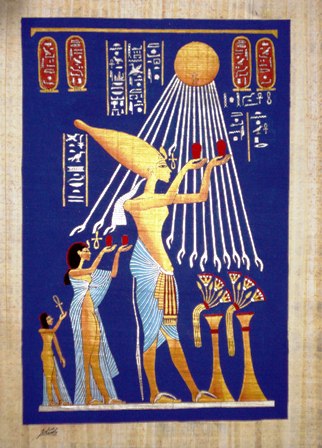 Egyptian Papyrus Painting: Akhenaten and Nefertiti and Child Offer Sacrifices Vivid Blue Background