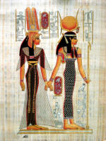 Isis leading Queen Nefertari in the after life, hand painted papyrus
