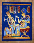 Egyptian Papyrus Painting: King Tut  Perfuming His Wife Vivid Blue Background