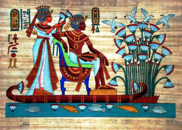Papyrus Painting: &nbsp;King Tut and His Wife Honeymoon on the Nile