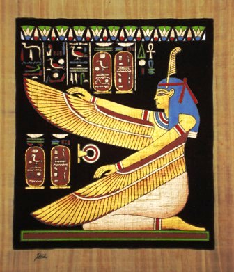 Papyrus Painting: The Goddess Ma'at Kneeling Dramatic Black Background