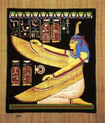 Papyrus Painting: The Goddess Ma'at Kneeling Dramatic Black Background