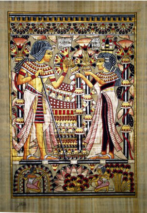 Egyptian Papyrus Painting: Marriage Card of King Tut and His Wife  Black Background