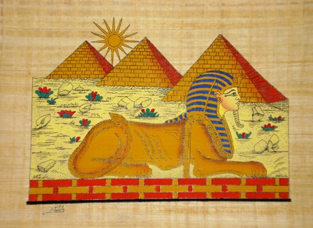 Papyrus Painting: &nbsp;Giza Pyramids and Sphinx