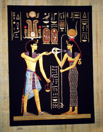 &nbsp;Egyptian Papyrus Painting:  Ramses' Journey to the Afterlife Dramatic Black Background