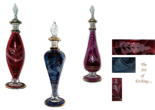 Hand etched blown glass perfume bottles