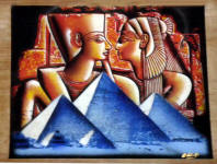 Egyptian Papyrus Painting: Ramses the Great and Queen Nefertari over the Pyramids