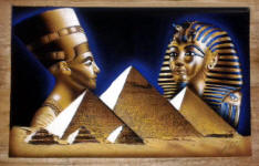 Egyptian Papyrus Painting:  Nefertiti and Mask of King Tut Rising over the Pyramids