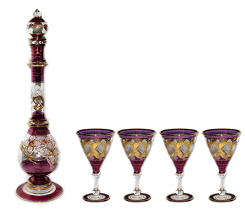 blown glass decanter set with 4 stem ware