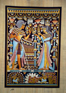 Egyptian Papyrus Painting: Marriage Card of King Tut and His Wife  Black Background