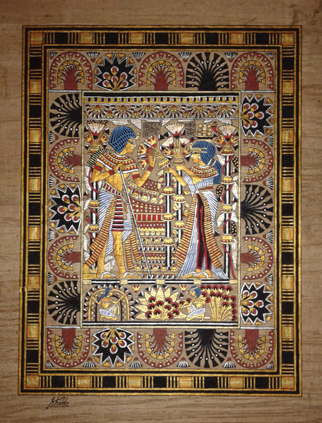 Papyrus Painting: Marriage Card of King Tut and His Wife on dark papyrus