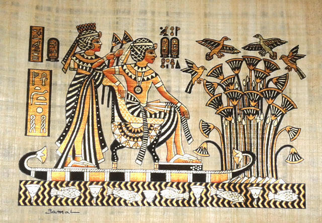 Papyrus Painting:  King Tut and His Wife Honeymoon on the Nile